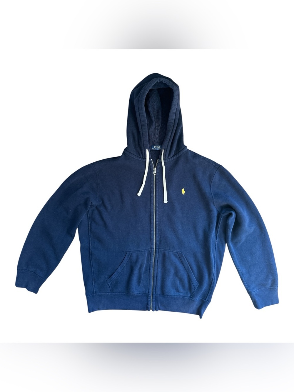 Vintage Y2K Polo Ralph Lauren Navy Full Zip Hoodie Waffle Knit Hood Men's XL